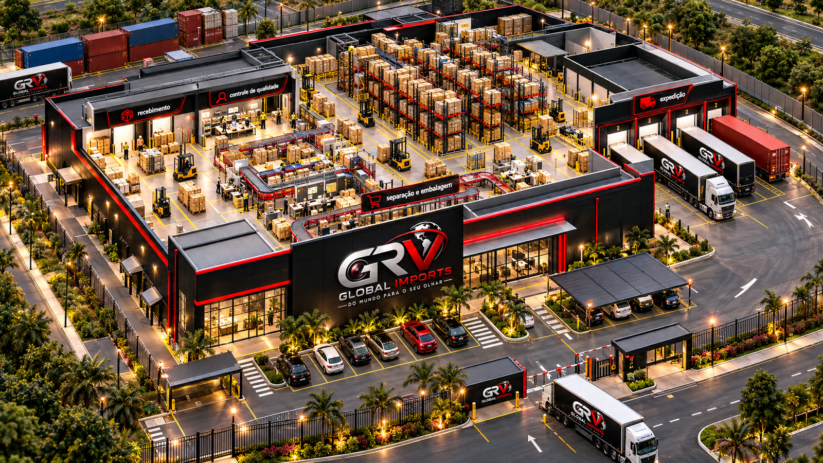 Centro logístico GRV Global Imports com docas, porta-paletes e áreas de recebimento e expedição